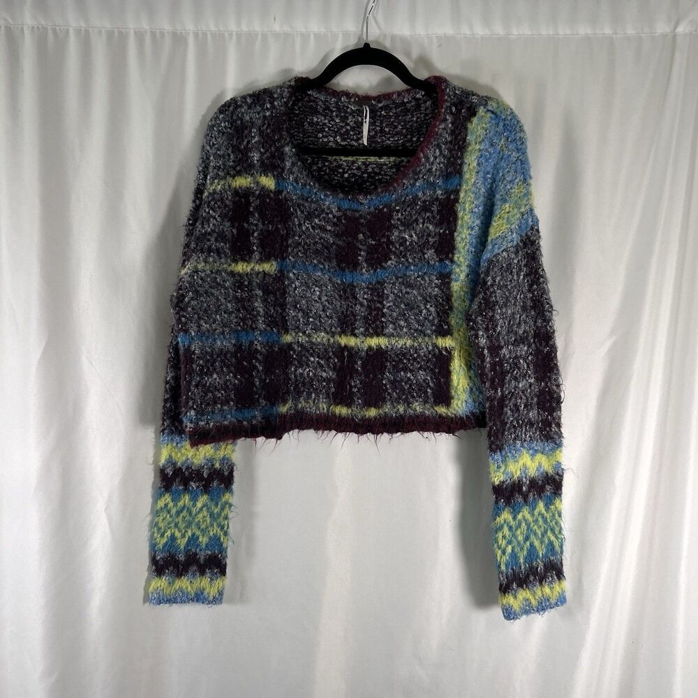 Free People Cropped Sweater Women's Large Purple Green Pullover Long Sleeve